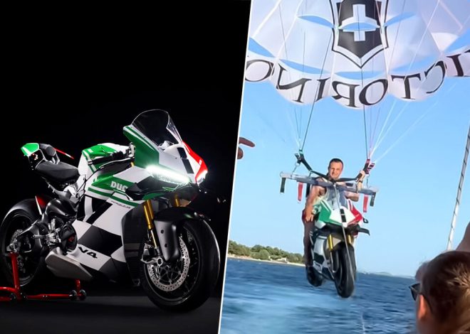 Un millonario ha dejado la imagen más rocambolesca del verano: una Ducati de 75.000 euros volando en un parapente atado a una lancha